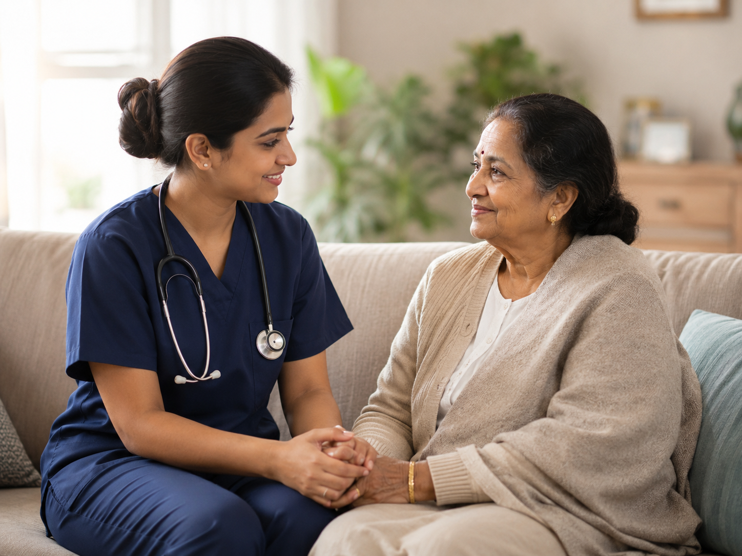 Nurse caring for an elderly patient at home